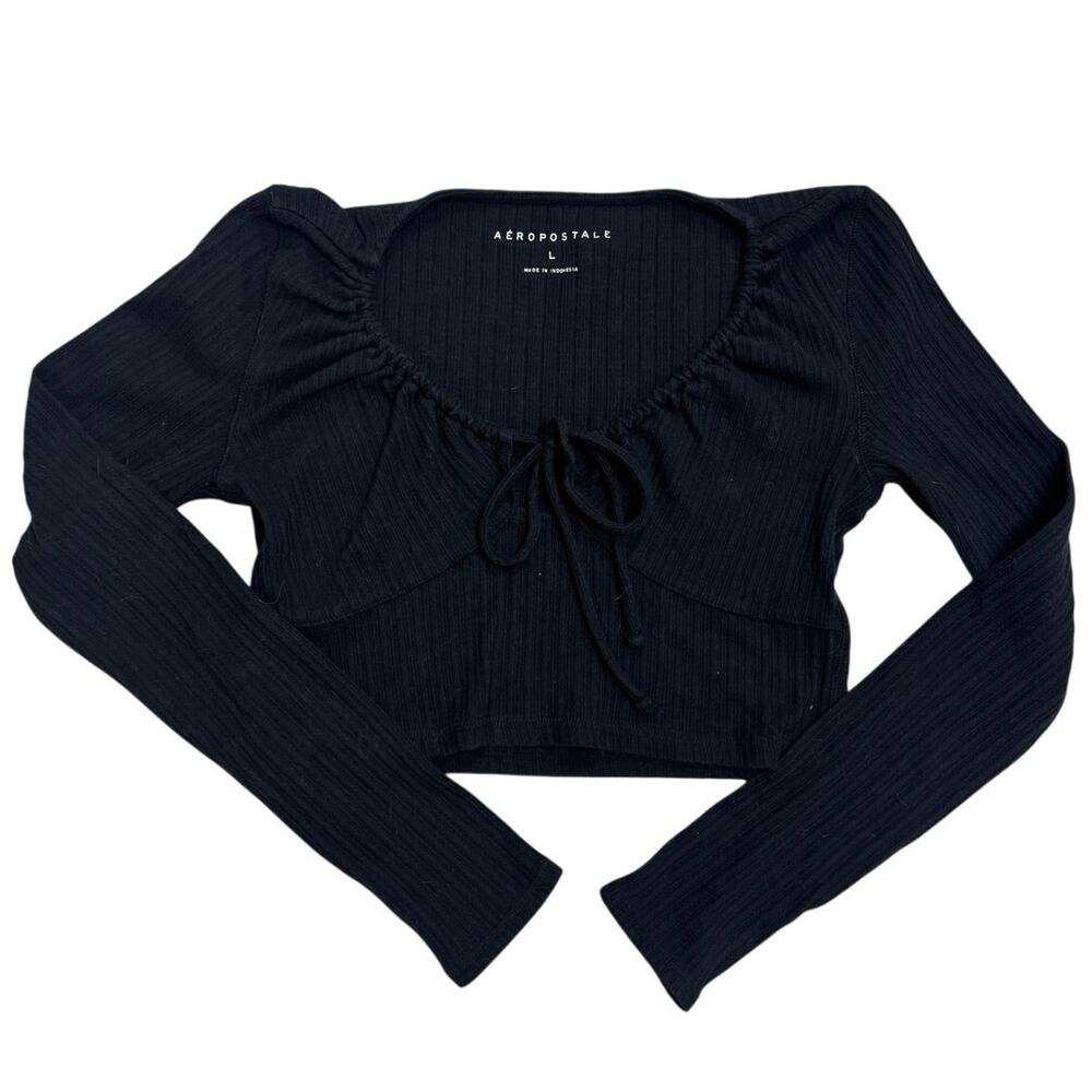 Aeropostale Black Ribbed Long Sleeve Tie Front Crop Top Y2K Basic 🤍 Size L ✨